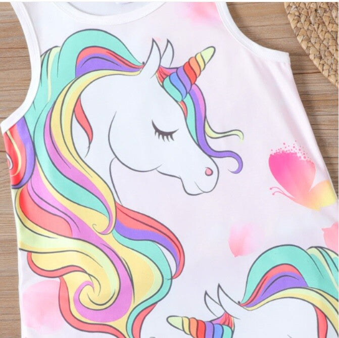 Girls Unicorn Dress - Rainbow Butterflies Print Summer Dress