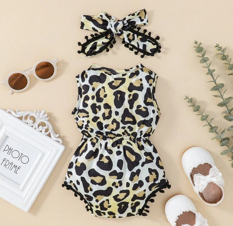 Baby Girls Leopard Print Sleeveless Romper with Matching Bow Headband