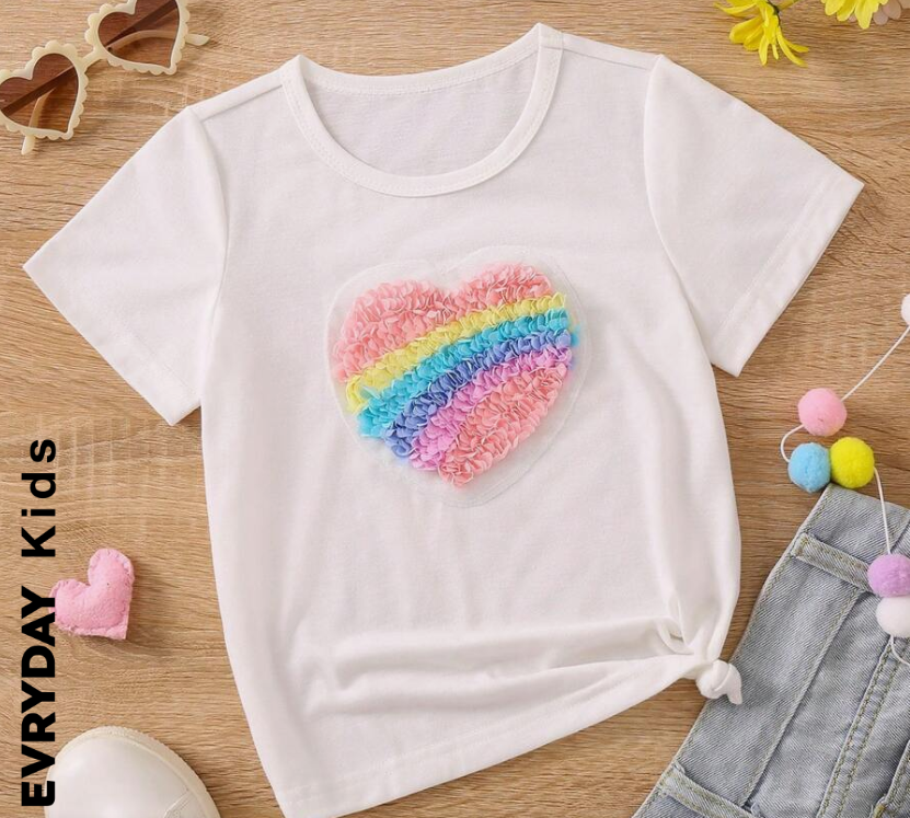Girl White Heart Pattern Casual T-shirt