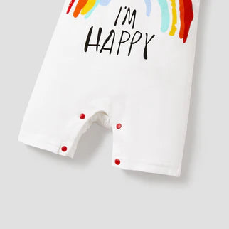 Letter and Rainbow Print Short-sleeve White Baby Romper