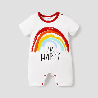Letter and Rainbow Print Short-sleeve White Baby Romper