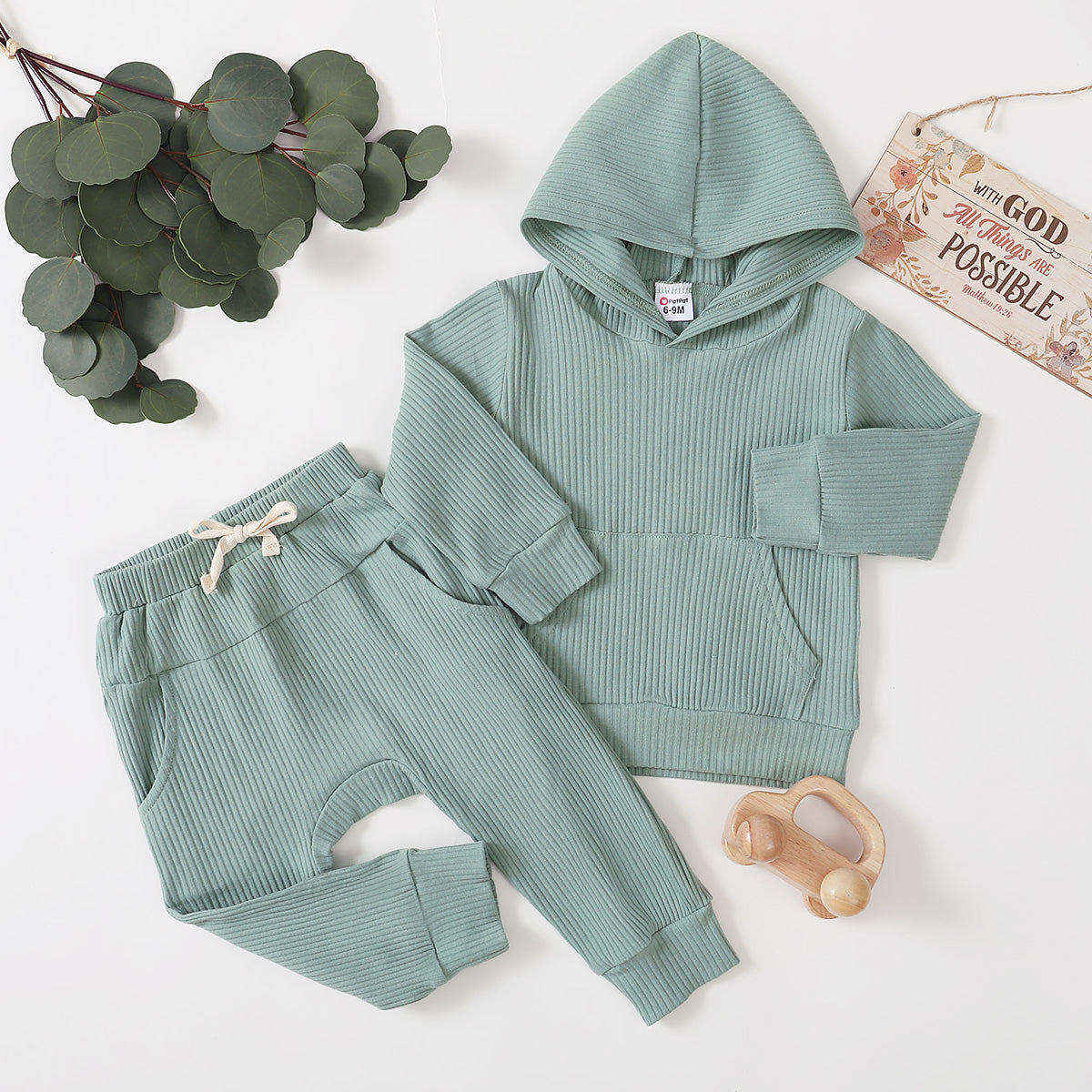 Cotton Ribbed Long-sleeve Hoodie and Pants Set