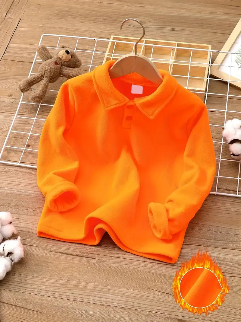 Autumn Polo Shirt for Boys with Mid-High Neck, Warm Collar and Long Sleeves / Unisex Fleece Sweatshirt, Solid Color, Modern and Versatile for Children