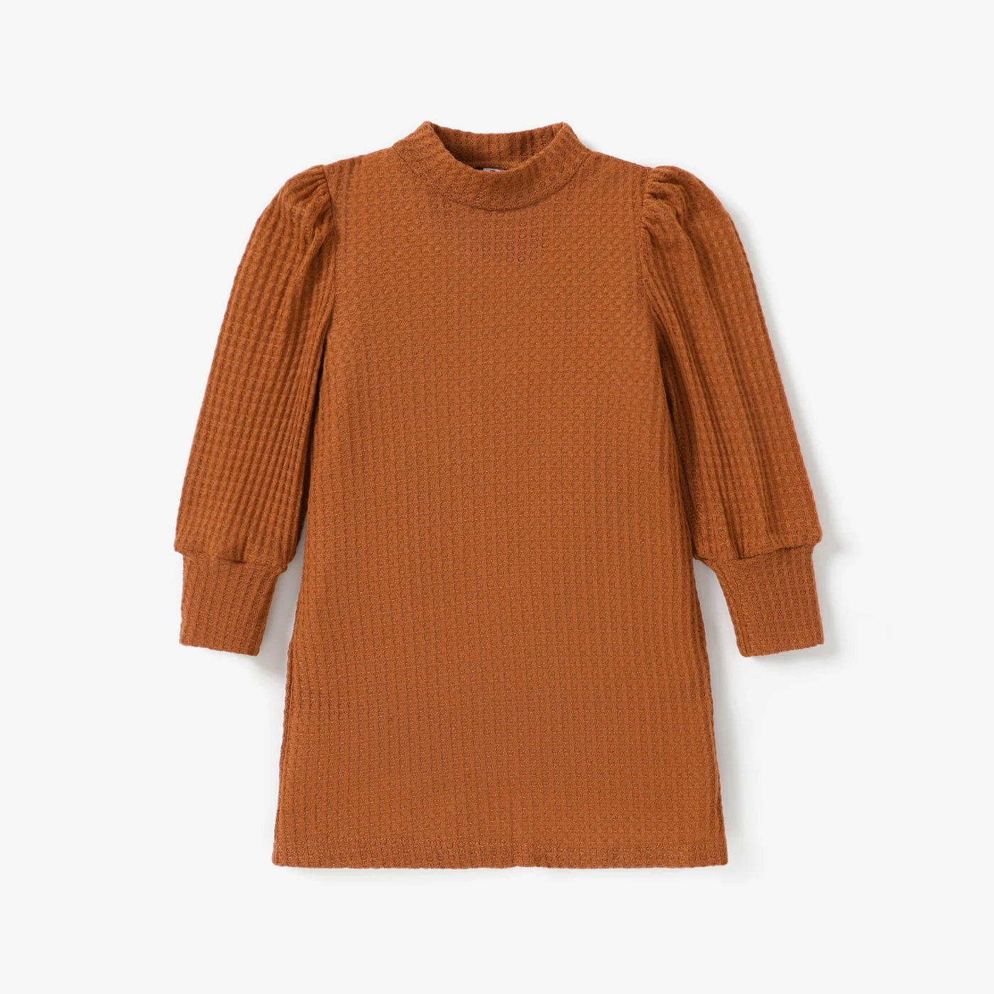 Solid Color Mock Neck Waffle Long Puff-sleeve Dress