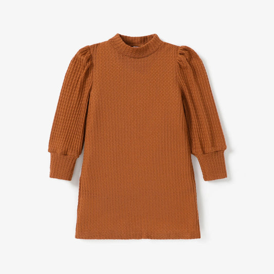 Solid Color Mock Neck Waffle Long Puff-sleeve Dress
