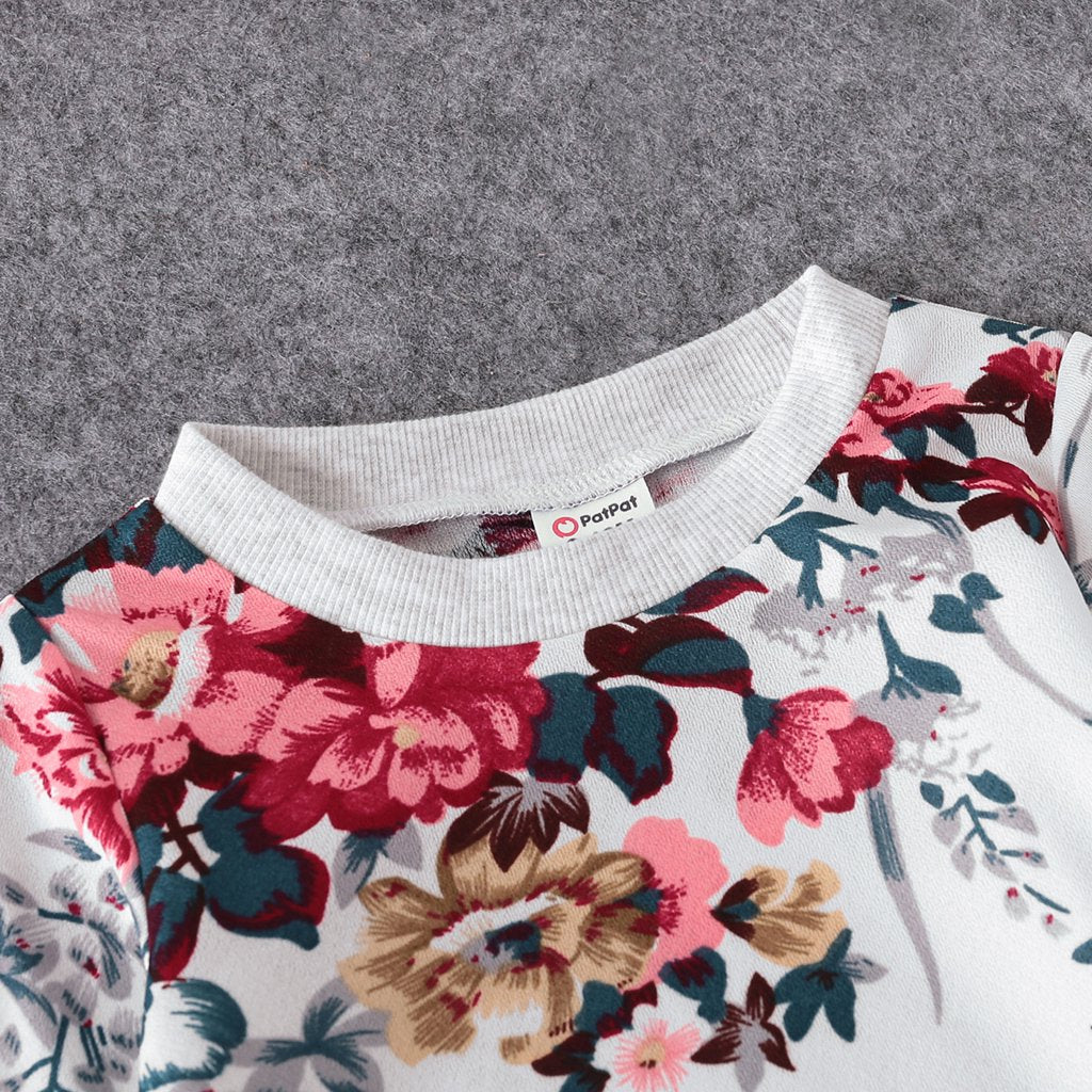 Sweatshirt Set,Floral Print Crewneck Drop Shoulder Long Sleeve