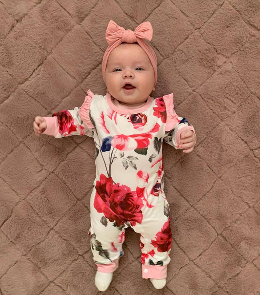 Girl Floral Sweet Long Sleeve Jumpsuit Set-light Pink with HeadBand
