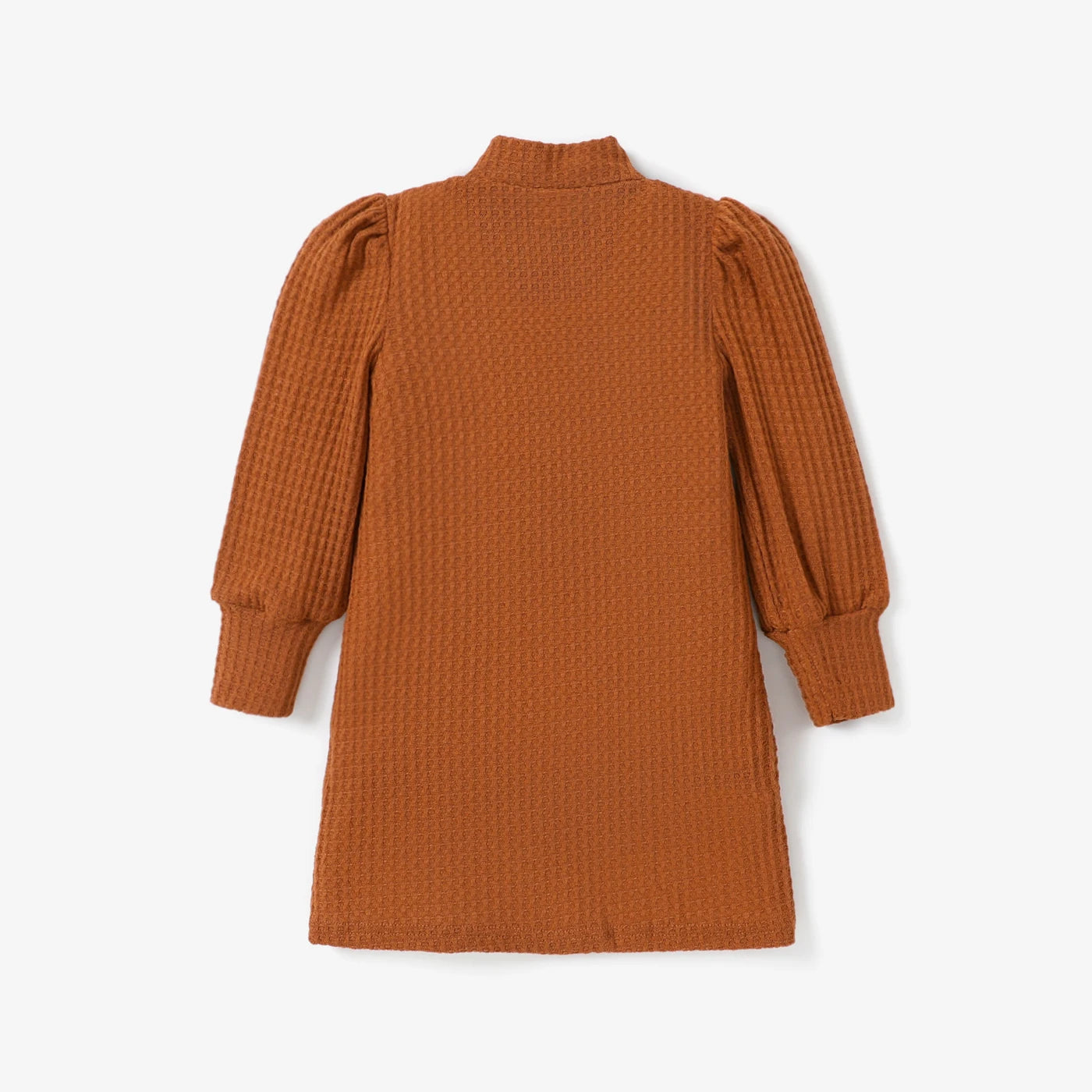 Solid Color Mock Neck Waffle Long Puff-sleeve Dress