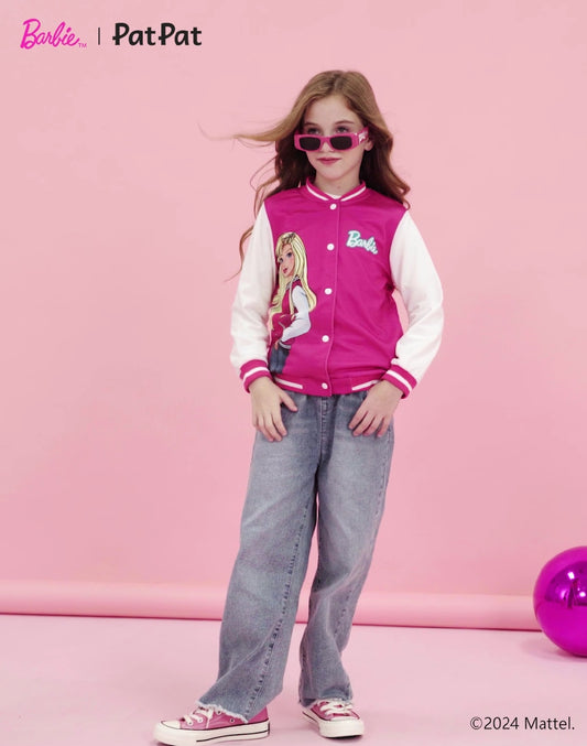 Barbie Girls Bomber Jacket Graphic and Letter Print Colorblock Lightweight Varsity Jacket