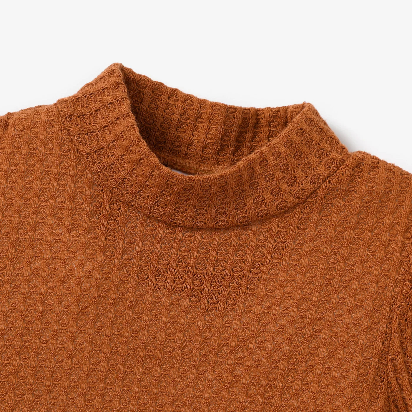 Solid Color Mock Neck Waffle Long Puff-sleeve Dress