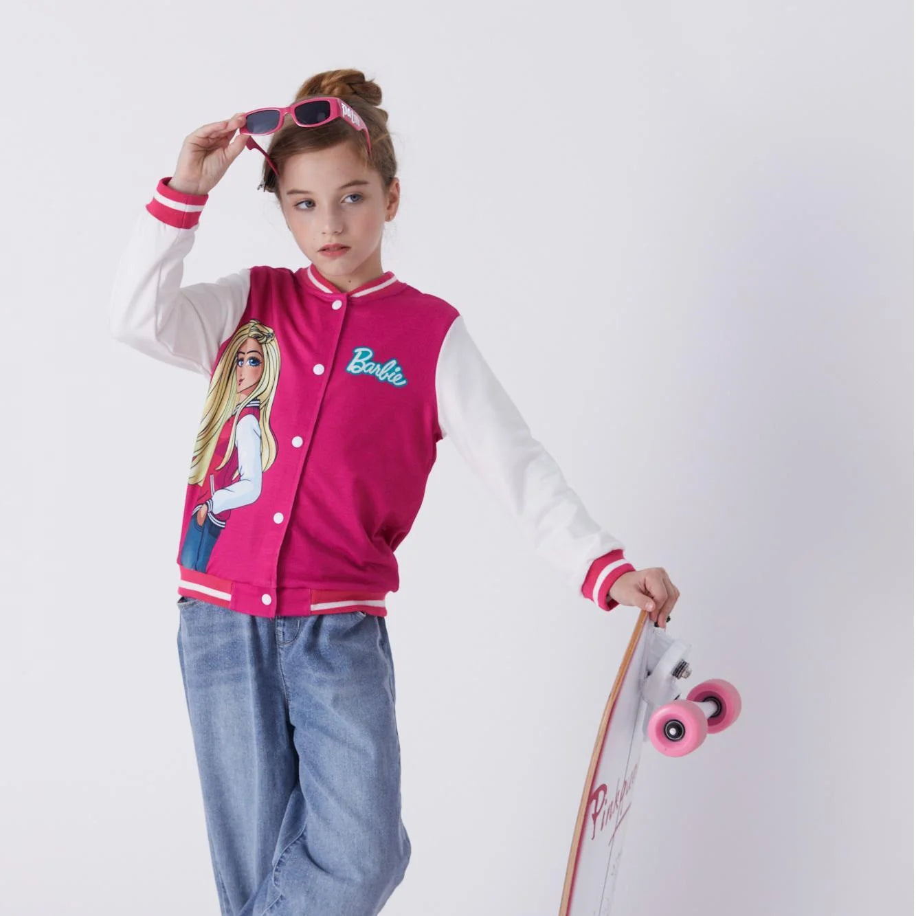 Barbie Girls Bomber Jacket Graphic and Letter Print Colorblock Lightweight Varsity Jacket
