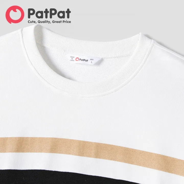Men’s White Crewneck Sweatshirt with Black & Tan Horizontal Stripes