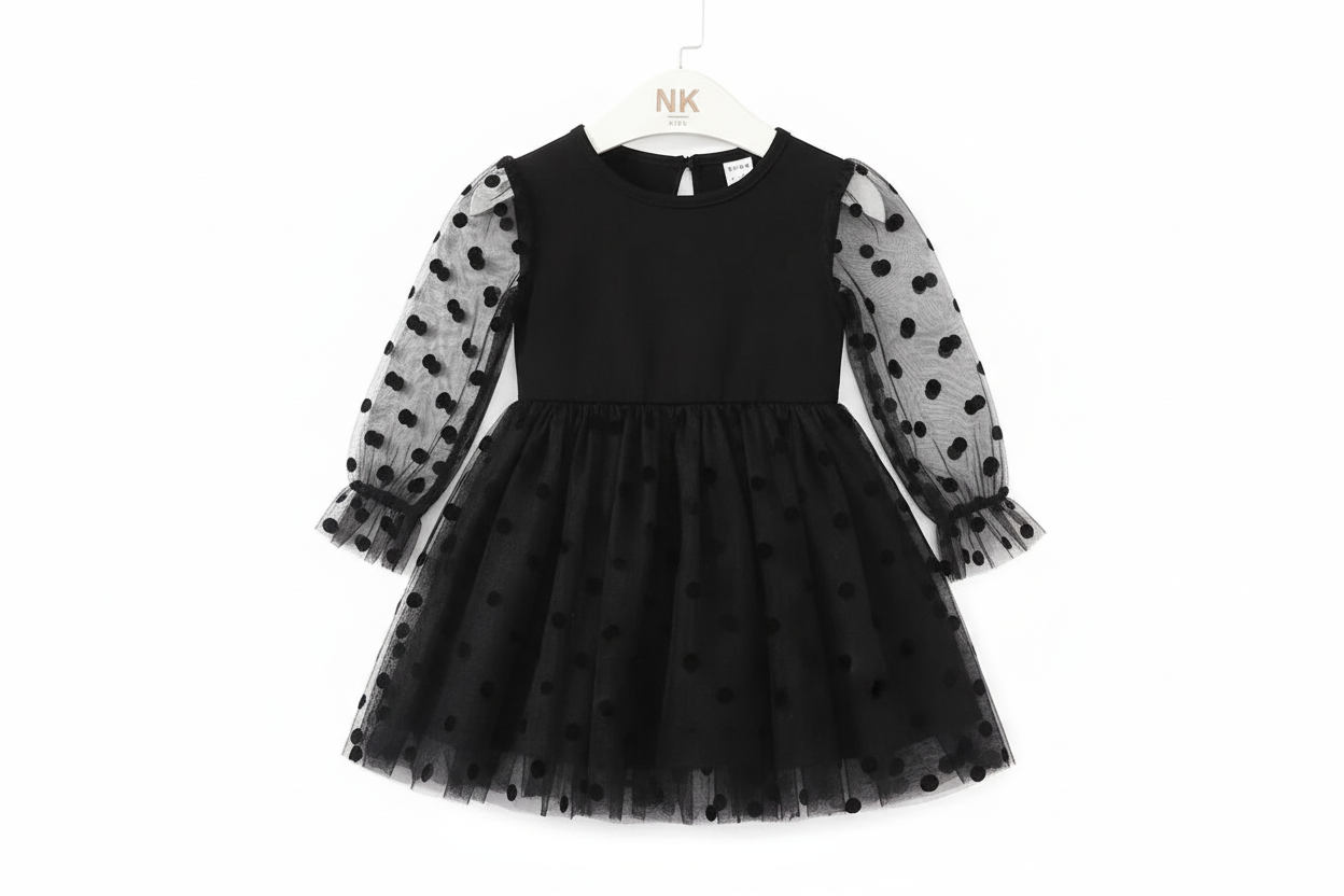 Baby Girl Dobby Mesh Panel Flounce Sleeve Dress