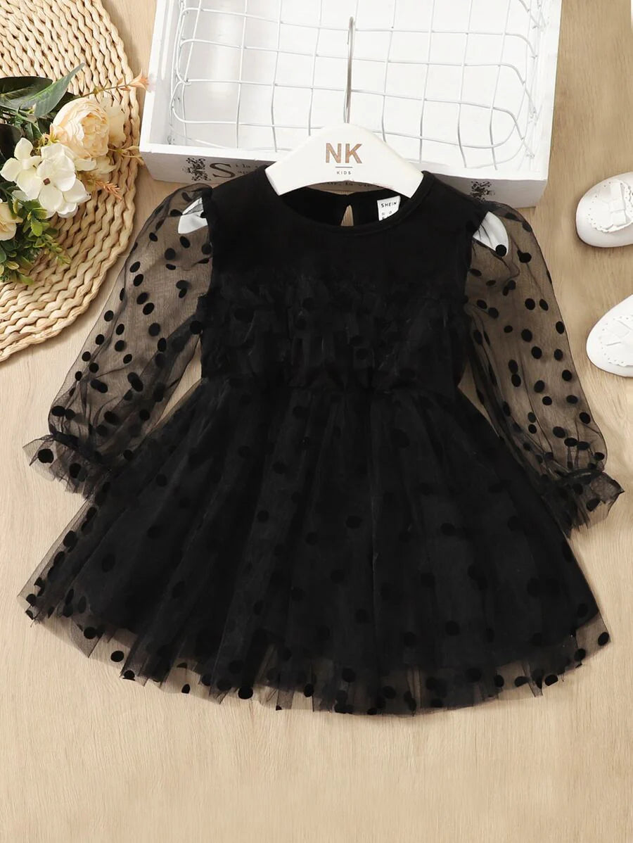 Baby Girl Dobby Mesh Panel Flounce Sleeve Dress