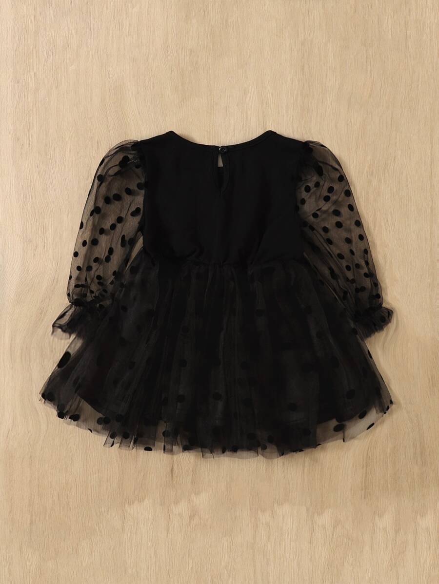 Baby Girl Dobby Mesh Panel Flounce Sleeve Dress