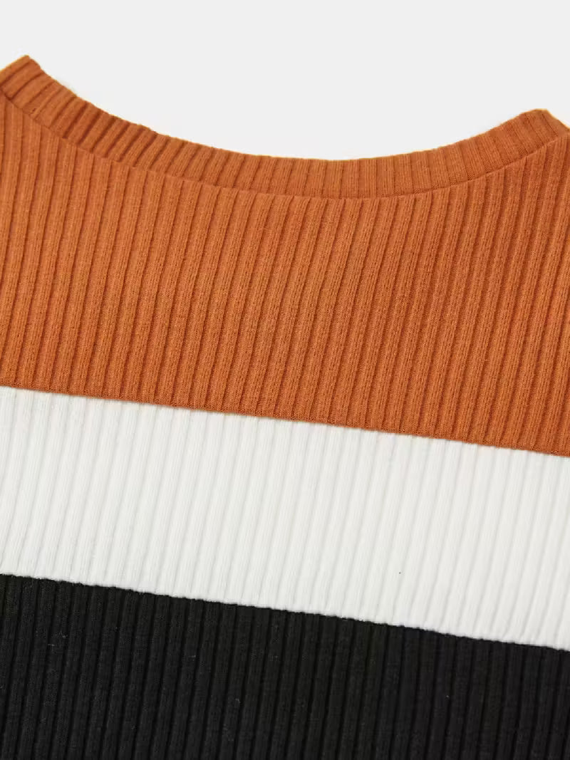 Rib Knit Colorblock Long-sleeve Bodycon Tops