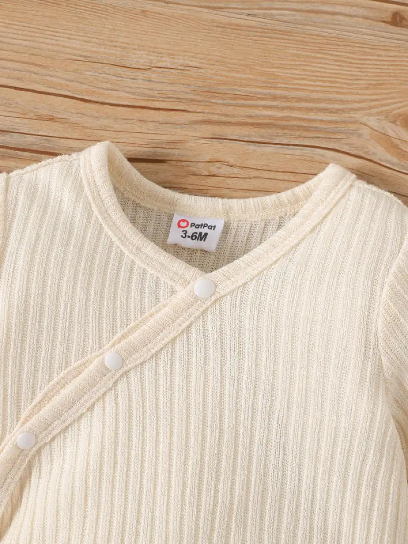 Solid Rib Knit Button Front Long-sleeve Jumpsuit with Hat