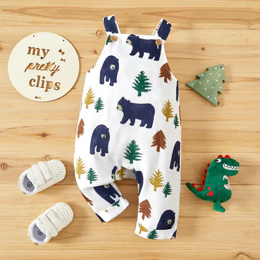 Animal Bear Graphic And Tree Print Sleeveless Overalls Jumpsuit