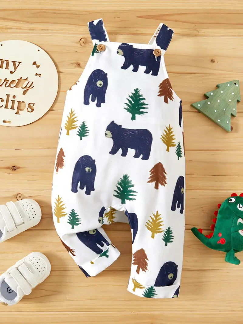Animal Bear Graphic And Tree Print Sleeveless Overalls Jumpsuit