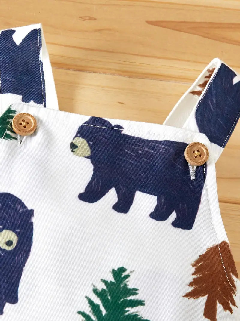 Animal Bear Graphic And Tree Print Sleeveless Overalls Jumpsuit