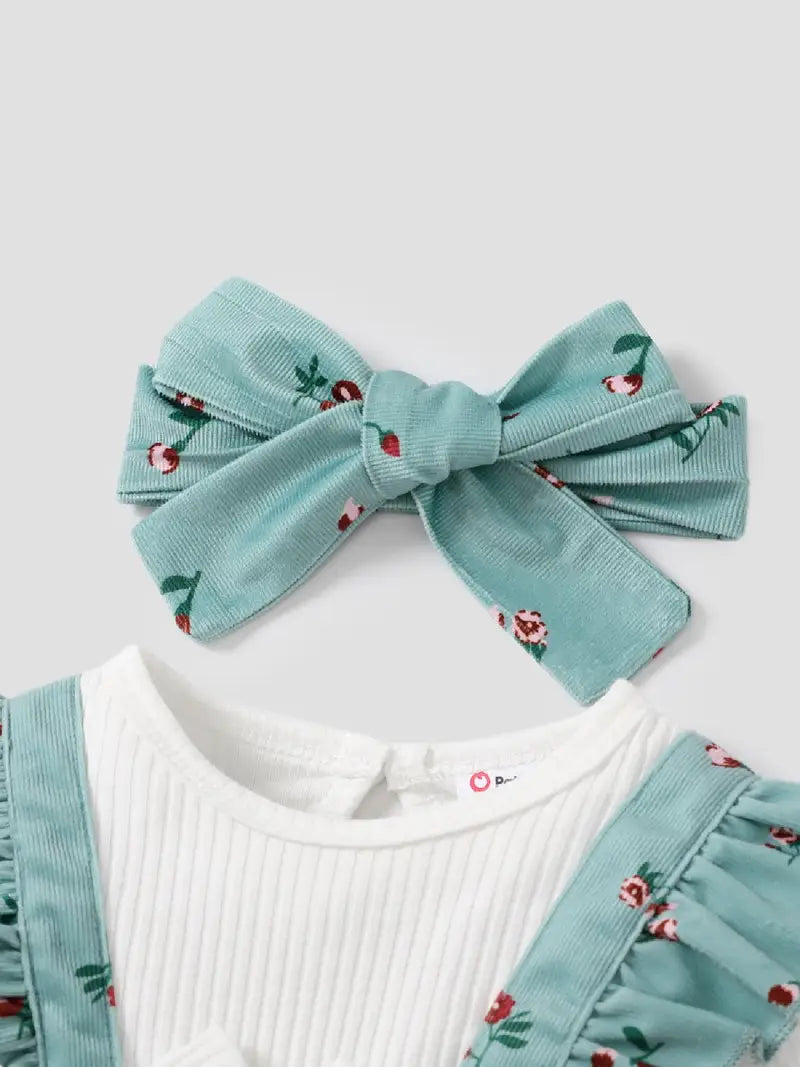 Baby Girl Sweet Broken Flower Ruffle Edge Long Sleeve Jumpsuit Set with bow