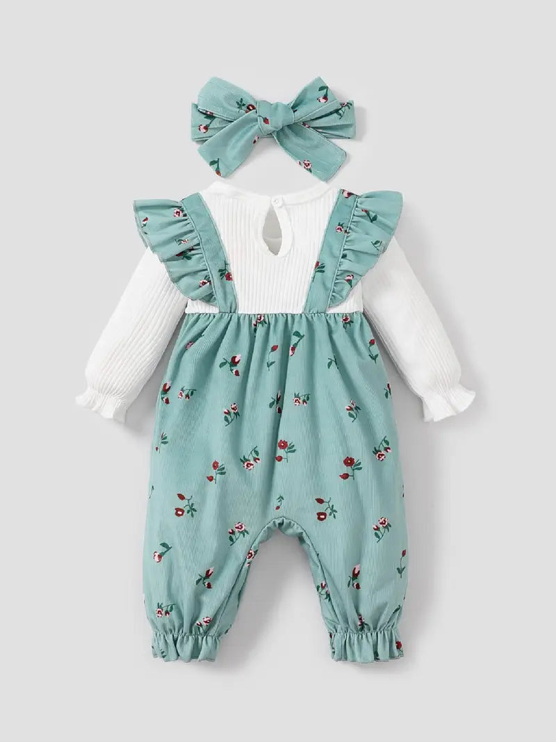 Baby Girl Sweet Broken Flower Ruffle Edge Long Sleeve Jumpsuit Set with bow