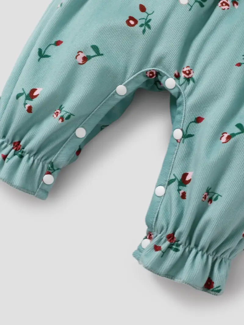 Baby Girl Sweet Broken Flower Ruffle Edge Long Sleeve Jumpsuit Set with bow