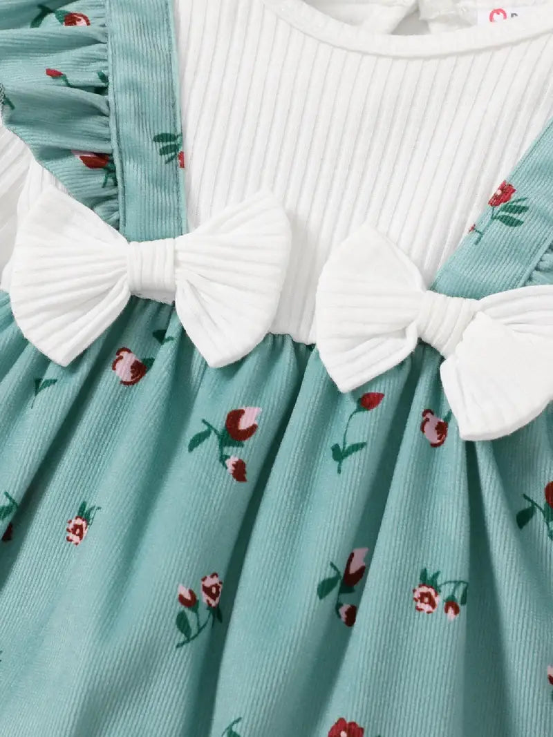 Baby Girl Sweet Broken Flower Ruffle Edge Long Sleeve Jumpsuit Set with bow