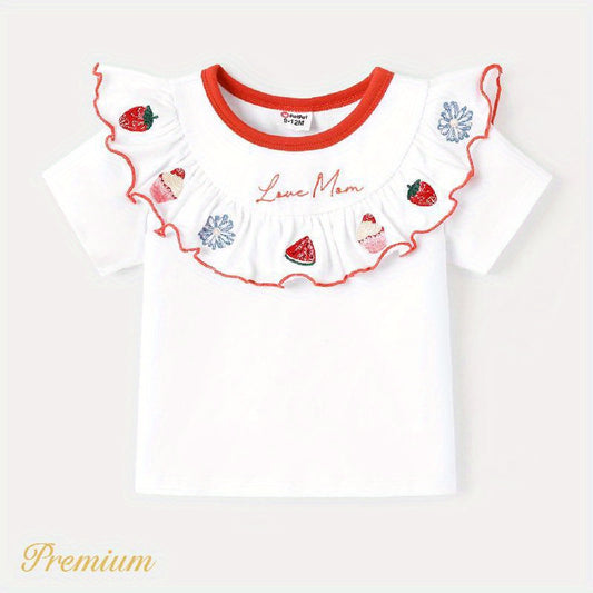Short-sleeve t-shirt with ruffles and fruit embroidery