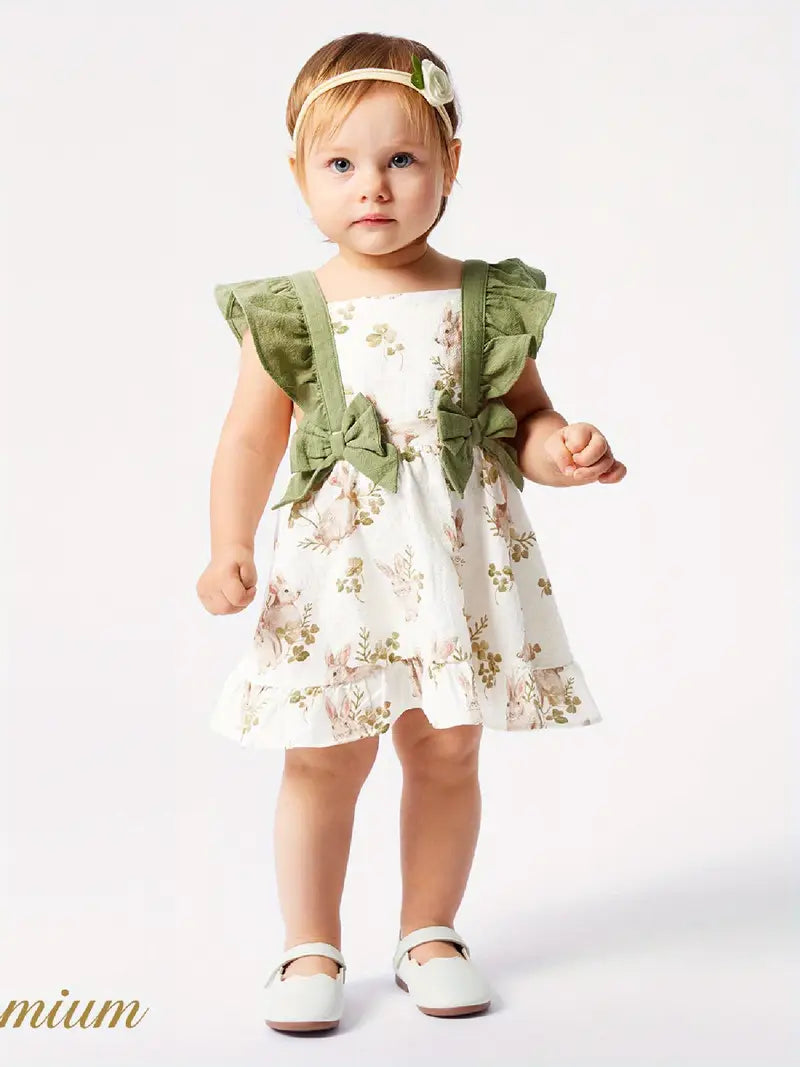 Baby girl bow front ruffle trim dress
