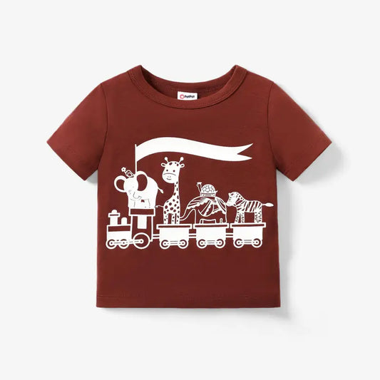 Toddler/Kids Maroon Safari Animal Train Graphic short sleeve t-shirt (Short Sleeve Crewneck)