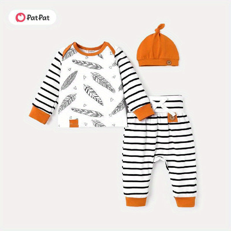 Baby Patterned Long Sleeve T-Shirt, Striped Pants and Hat 3Pcs Set