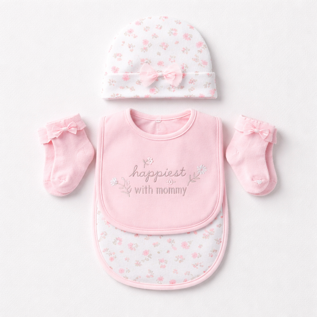 Duck Duck Goose 4-piece set Caps, Bib, Burb cloth and Socks "pink flowers"(042Lh)