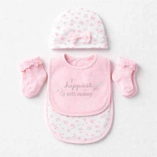 Duck Duck Goose 4-piece set Caps, Bib, Burb cloth and Socks "pink flowers"(042Lh)