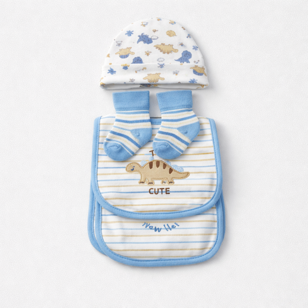 Duck Duck Goose 4-piece set Caps, Bib, Burb cloth and Socks "Dinosaur"(042Lh)