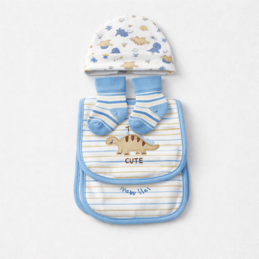 Duck Duck Goose 4-piece set Caps, Bib, Burb cloth and Socks "Dinosaur"(042Lh)