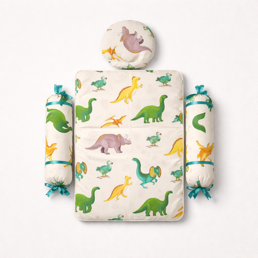 Dinosaur Theam Baby Bedding Set – Soft Cotton Baby Mat with Head Pillow & Side Bolsters (3-Piece Set)