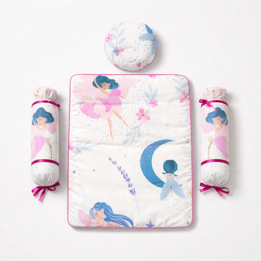 Fairy Dreams Baby Bedding Set – Soft Cotton Baby Mat with Head Pillow & Side Bolsters (3-Piece Set)