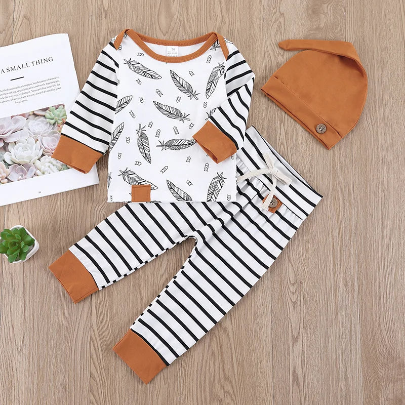 Baby Patterned Long Sleeve T-Shirt, Striped Pants and Hat 3Pcs Set