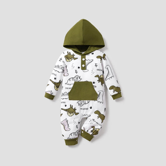 Front Dinosaur Pattern Long-sleeve Hooded Jumpsuit