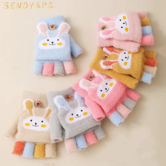 Cute Thick Gloves Winter Cartoon Rabbit Flip Half Finger Glove -H