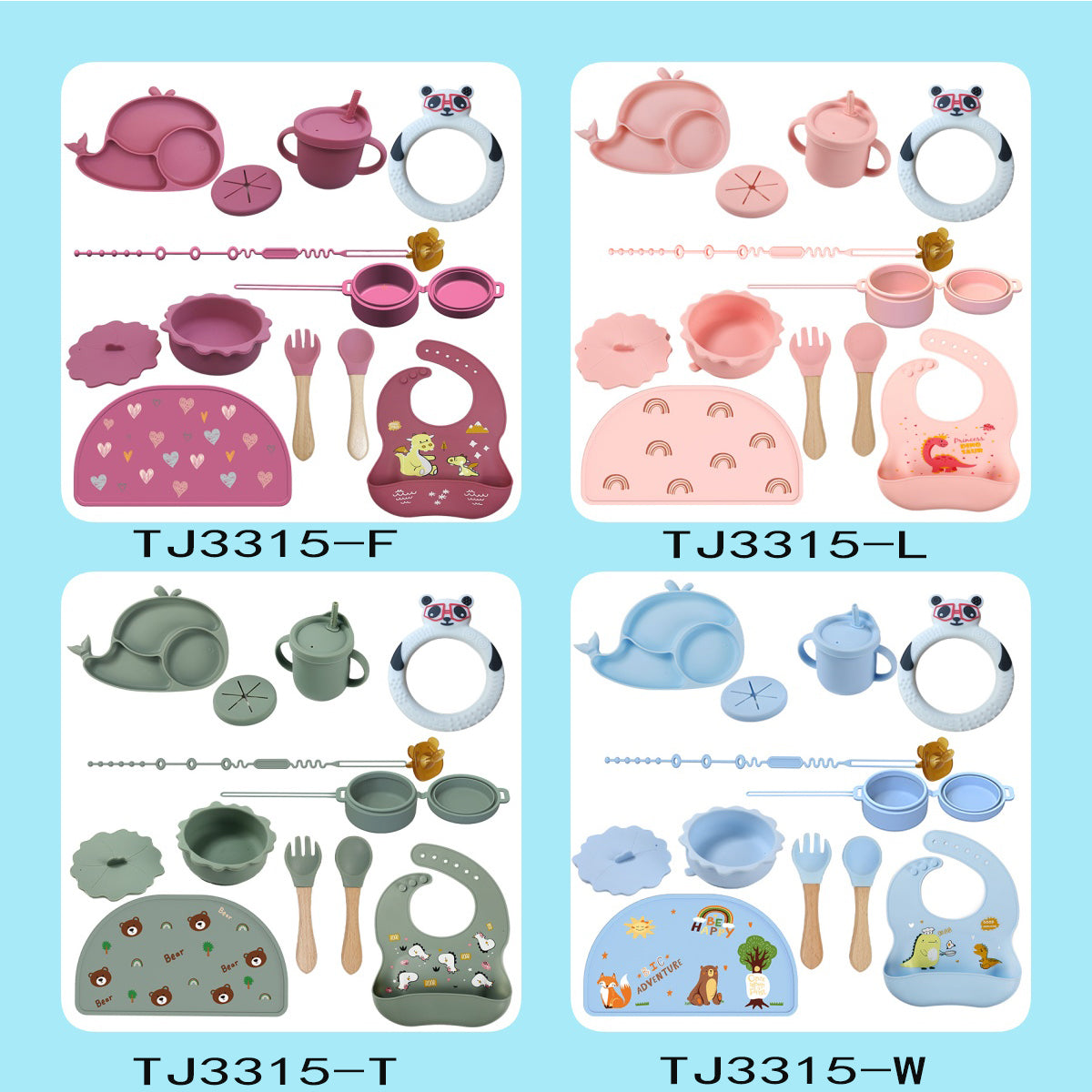 baby silicone tableware set with cartoon dolphin dinner set 9pieces -H