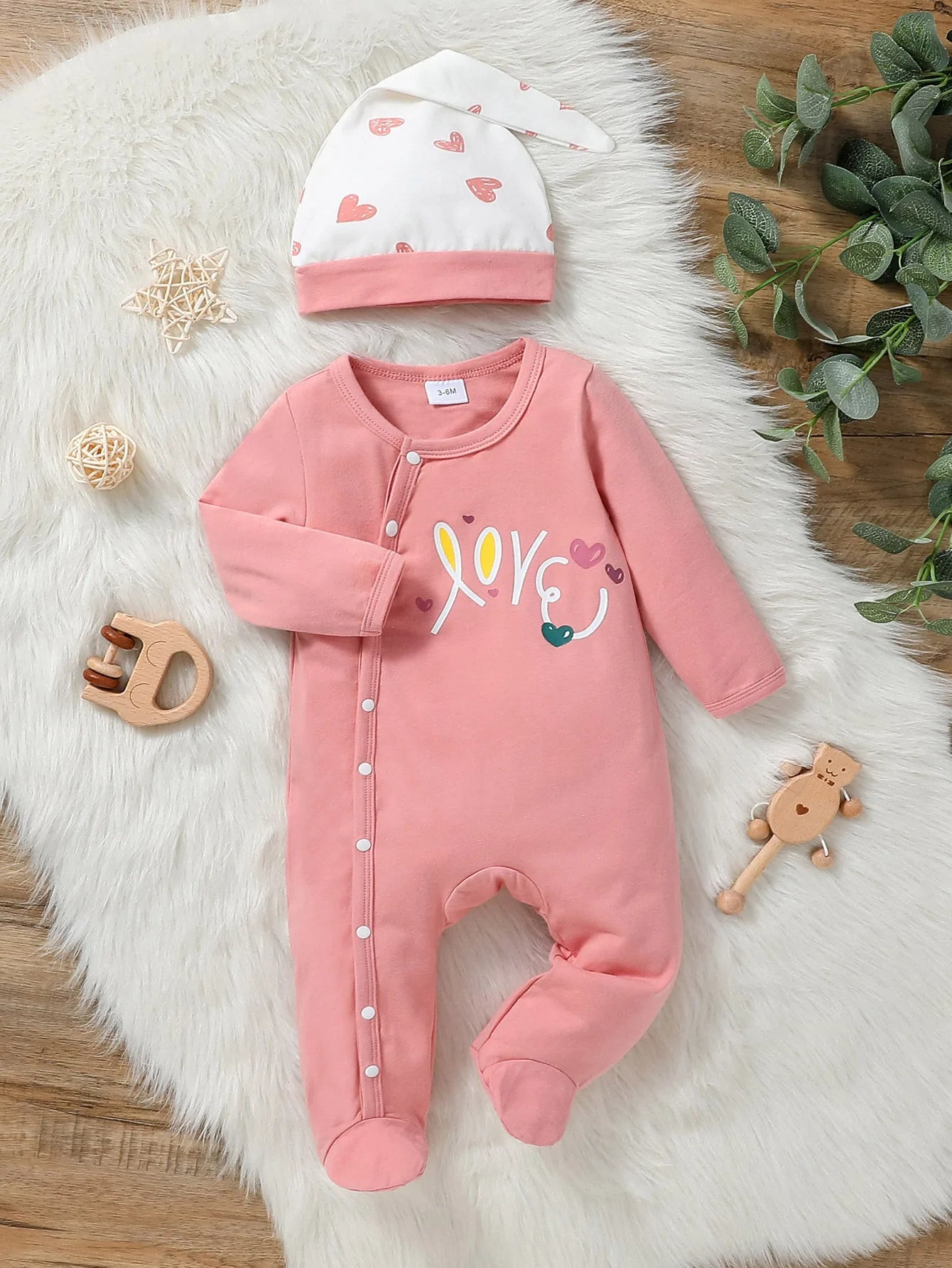 Cotton Long-sleeve Love Heart Print Footed Honey Comfort Jumpsuit with Hat