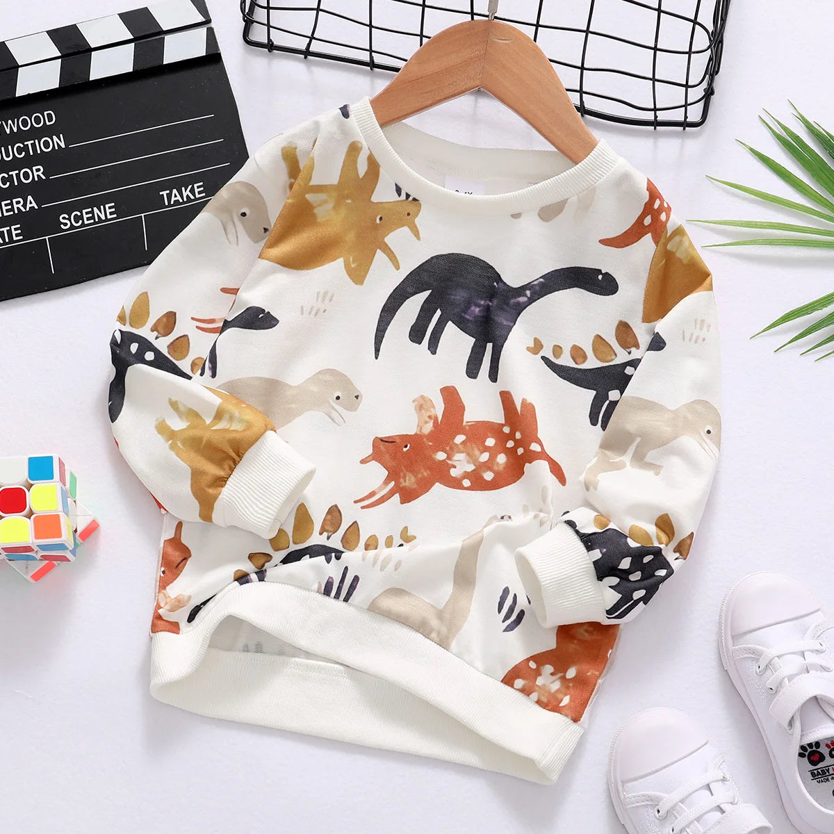 Cartoon Dinosaur Print Long-sleeve Pullover Sweatshirt