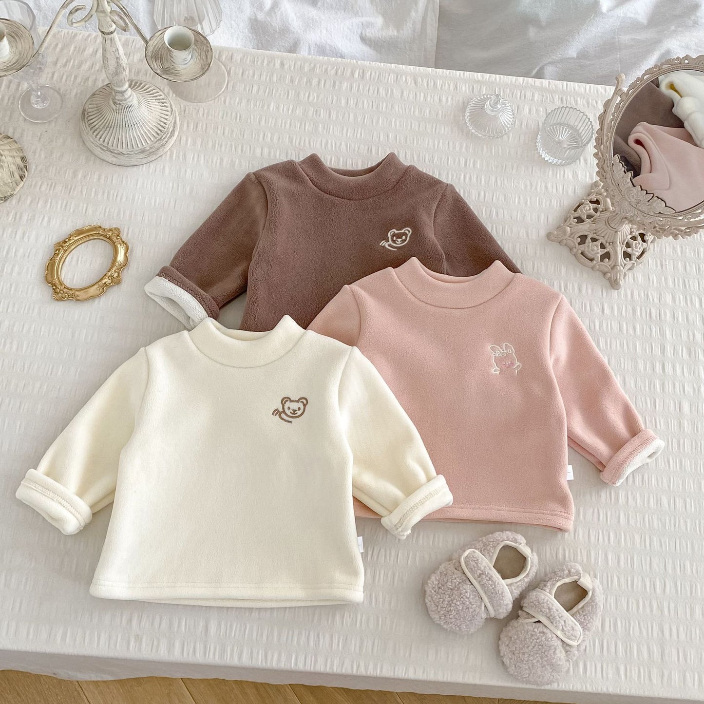 Kids Brown Fleece Turtleneck TopSoft Thermal Long Sleeve Winter Shirt