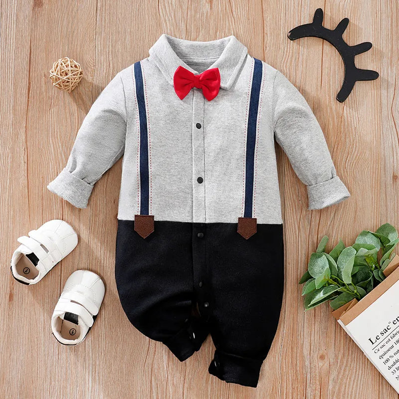 Boy Jumpsuit Fashionable Gentleman Red Tie Suspender
