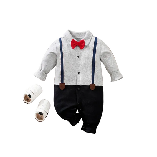 Boy Fashionable  Jumpsuit Gentleman Red Tie Suspender