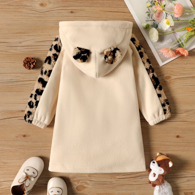 Toddler Girl Letter Leopard Print Fuzzy Fleece Sweatshirt Dress for girl