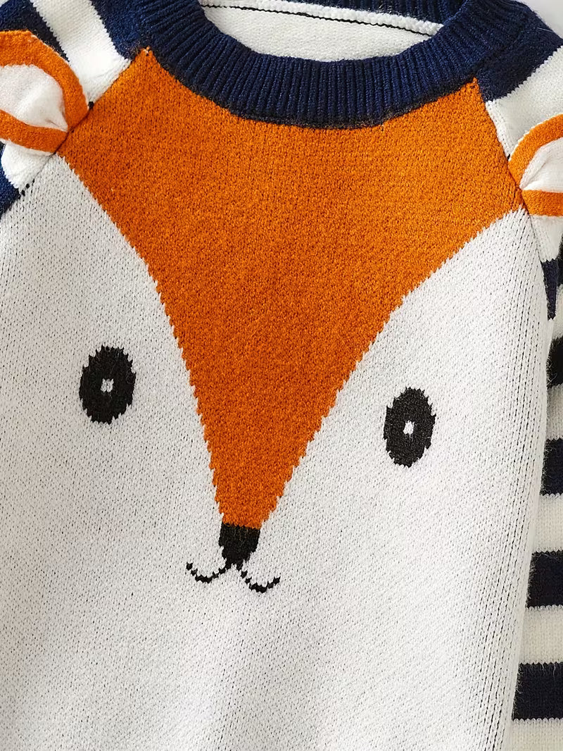 Cute striped patchwork knit sweater with fox design, long-sleeved jumper for children