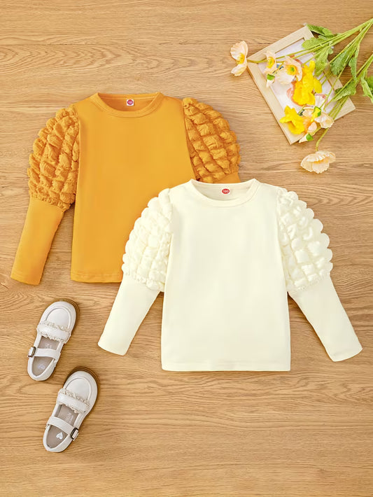 Casual T-Shirts with Bubble Sleeves and Round Neck for Girls